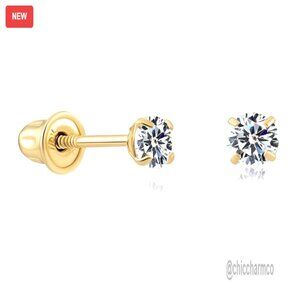 14k Gold CZ Stud Earrings with Secure Screw Backs, 8mm Round Solitaire